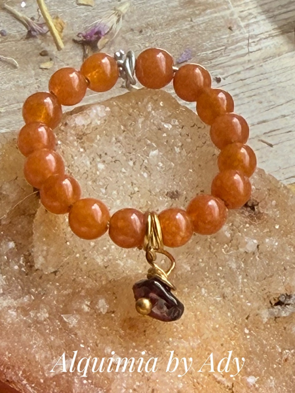 Orange  carnelian Beaded Ring with Gold Accents and Dark garnet Charm